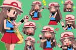  1girl ^_^ anger_vein bag black_wristband blue_shirt blush brown_eyes brown_hair bucket_hat closed_eyes closed_mouth commentary_request double_v fang green_background hair_flaps hands_up hat holding holding_poke_ball kuwagata_zaurus leaf_(pokemon) long_hair messenger_bag multiple_views notice_lines open_mouth outline pleated_skirt poke_ball poke_ball_(basic) pokemon pokemon_(game) pokemon_frlg red_skirt shirt shoulder_bag skirt sleeveless sleeveless_shirt sparkle u_u v vs_seeker white_headwear wristband yellow_bag 