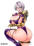  1girl absurdres armor blue_eyes breast_suppress breasts cowboy_shot gloves highres isabella_valentine purple_gloves pzpana revealing_clothes short_hair shoulder_armor solo soulcalibur soulcalibur_iv thighs underboob white_background white_hair 