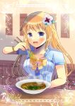 1girl :d absurdres bead_bracelet beads blonde_hair blue_eyes blue_shirt blurry blurry_background blush bow bowl bracelet breasts chopsticks collarbone commentary_request commission depth_of_field flower food hair_flower hair_ornament highres holding holding_chopsticks indoors jewelry kou_hiyoyo long_hair medium_breasts noodles shirt short_sleeves skeb_commission smile solo sophitia_alexandra soulcalibur steam very_long_hair white_flower yellow_bow 