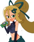  1girl :d bangs bare_shoulders black_gloves black_shirt blonde_hair blush bottle breasts commentary_request fingerless_gloves gloves green_eyes green_ribbon hair_between_eyes hair_ornament hair_ribbon hairclip hand_up holding holding_bottle korrina_(pokemon) korrina_(sygna_suit)_(pokemon) kuwagata_zaurus long_hair looking_at_viewer navel official_alternate_costume open_mouth pokemon pokemon_(game) pokemon_masters_ex ponytail ribbon shirt sleeveless sleeveless_shirt smile solo sweat water_bottle 