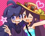  2girls ;d @_@ ahoge bangs between_breasts black_hair blush breasts commentary_request dress grey_eyes hair_between_eyes hairband hand_up heart hex_maniac_(pokemon) kuwagata_zaurus long_hair multiple_girls nervous_smile one_eye_closed open_mouth pink_background pokemon pokemon_(game) pokemon_sm pokemon_xy purple_dress purple_hairband selfie sightseer_(pokemon) smile star_(symbol) strap_between_breasts upper_body v 