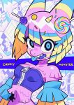  1girl animal_nose bare_shoulders blair_(nelnal) blue_eyes candy crop_top english_text food highres lollipop looking_at_viewer multicolored_hair nelnal original personification pinata sharp_teeth strapless swirl_lollipop teeth tongue tongue_out upper_body zipper zipper_pull_tab 