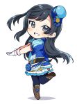  1girl bangs black_hair blue_headwear blush_stickers boots brown_footwear chibi commentary_request full_body gloves grey_eyes grin hat leg_up long_hair looking_at_viewer love_live! love_live!_nijigasaki_high_school_idol_club one_side_up short_sleeves sidelocks smile solo totoki86 white_background white_gloves yuuki_setsuna_(love_live!) 