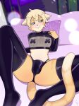  bedding bedding_background bedroom blush clothing felid feline freakster hi_res latex_armwear latex_clothing latex_legwear latex_stockings mammal nipple_tape pasties sora_(tehkey) tape 