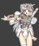  1girl :d ass_visible_through_thighs bangs g-3_gundam grey_eyes grey_hair grey_leotard gundam gundam_msv hair_between_eyes hairband headgear highleg highleg_leotard leotard long_hair looking_at_viewer mecha_musume open_mouth outstretched_arm personification shinjou_satomi sidelocks simple_background smile solo standing teeth thigh_strap two-tone_leotard upper_teeth_only v-fin white_hairband white_leotard 