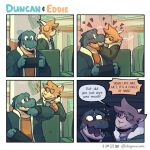  &lt;3 1:1 2023 anthro blush bovid caprine comic crocodile crocodilian crocodylid dialogue doginacafe duncan_(doginacafe) duo eddie_(doginacafe) english_text eyewear flustered glasses goat hi_res horn humor kissing male male/male mammal multiple_scenes reptile romantic romantic_couple scales scalie shocked text wiping_face 