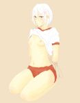  1girl accelerator_(toaru_majutsu_no_index) albino arms_behind_back blush bound bound_wrists breasts breasts_out brown_background buruma clothes_lift embarrassed frown full_body genderswap genderswap_(mtf) gym_shirt gym_uniform looking_at_viewer midriff navel nipples oyaumi_zzz pixie_cut red_buruma red_eyes restrained seiza shirt shirt_lift short_hair sitting sketch small_breasts sportswear suzushina_yuriko toaru_majutsu_no_index white_hair white_shirt 