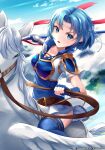  1girl absurdres armor blue_eyes blue_hair blue_thighhighs boots breastplate cloud dress fire_emblem fire_emblem:_the_binding_blade headband highres holding holding_reins horseback_riding pauldrons pegasus pegasus_knight_uniform_(fire_emblem) polearm reins riding ryo-suzuki short_dress short_hair short_sleeves shoulder_armor skirt solo spear thea_(fire_emblem) thigh_boots thighhighs weapon white_skirt zettai_ryouiki 