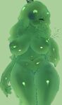  absurd_res big_breasts bodily_fluids breasts crown eyes_closed female genitals goo_creature goo_hair green_background green_body hair hair_over_eye headgear hi_res humanoid inverted_nipples lactating nipples nude one_eye_obstructed projectile_lactation pseudo_hair pussy simple_background slightly_chubby slime slime_princess_(towergirls) smile solo towergirls unyin 