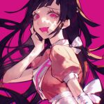  1girl :d apron bangs black_hair breasts danganronpa_(series) danganronpa_2:_goodbye_despair drooling flowercz from_side hand_up highres long_hair looking_at_viewer medium_breasts messy_hair open_mouth pink_eyes pink_shirt puffy_short_sleeves puffy_sleeves shirt short_sleeves smile solo tsumiki_mikan waist_apron white_apron 