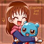  &lt;3 anthro aoi_(digimon_ghost_game) bandai_namco blue_body brown_hair buckteeth digimon digimon_ghost_game duo embrace espimon female hair hinako_710 hug human long_hair male mammal scarf smile teeth yellow_eyes 