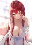  1girl absurdres bangs bare_shoulders blush breasts buttons collarbone hair_between_eyes hair_down highres hololive houshou_marine large_breasts long_hair looking_at_viewer naked_shirt off-shoulder_shirt off_shoulder one_eye_closed open_mouth puripuri red_hair shirt solo virtual_youtuber waking_up white_shirt yellow_eyes 