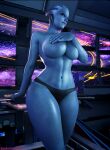  3d_(artwork) absurd_res alien alien_humanoid artist_name asari bedroom_eyes big_breasts big_butt blue_body breast_grab breasts butt clothed clothing covering covering_breasts covering_self digital_media_(artwork) female fingers hand_on_breast hi_res humanoid liara_t&#039;soni mass_effect narrowed_eyes navel not_furry panties portrait pseudo_hair seductive sekithereturn smile solo standing thick_thighs thong three-quarter_portrait topless underwear wide_hips 