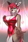  2023 5_fingers antelope anthro bovid breasts clothed clothing digital_media_(artwork) dress eyebrows eyelashes female fingers gazelle green_eyes hair hi_res looking_at_viewer mammal nitricacid red_hair smile white_hair 