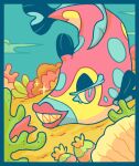  blue_pupils bruxish chocodiley coral fish outdoors parted_lips pink_eyes pokemon pokemon_(creature) pokemon_(game) pokemon_sm sharp_teeth solo sparkle teeth underwater 