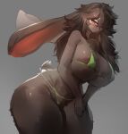  2023 5_fingers anthro big_breasts big_ears bikini biped blush bottomwear breasts brown_hair cleavage clothed clothing colored curvy_figure digital_media_(artwork) eyelashes female fingers floppy_ears fluffy front_view fur glistening glistening_body glistening_breasts glistening_fur green_bikini green_bottomwear green_clothing green_swimwear green_topwear grey_background grey_body grey_ears grey_fur grey_tail hair hair_over_eye hi_res huge_breasts humanoid_hands kemono lagomorph leporid long_ears long_hair looking_at_viewer mammal monotone_body monotone_ears monotone_fur monotone_hair monotone_tail nipple_outline one_eye_obstructed pink_inner_ear portrait rabbit red_eyes scut_tail shaded short_tail simple_background skimpy solo standing string_bikini swimwear tail thick_thighs three-quarter_portrait three-quarter_view topwear utterangle voluptuous wide_hips 