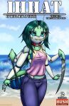  2023 absurd_res antennae_(anatomy) anthro arthropod arthropod_abdomen beach bottomwear breasts clothed clothing cloud collar comic cover cover_art cover_page digital_drawing_(artwork) digital_media_(artwork) emerald_(viroveteruscy) english_text female green_hair hair hi_res if_hell_had_a_taste insect mantis multi_limb non-mammal_breasts pants sand sea_side seaside shirt sky solo teal_eyes text topwear viroveteruscy water 