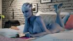  3d_(artwork) alien alien_humanoid areola asari back_dimples big_breasts big_butt blue_body breasts butt cleavage clothed clothing digital_media_(artwork) female hi_res humanoid liara_t&#039;soni lying mass_effect midnightsfm nipples not_furry nude on_front pseudo_hair reading solo thick_thighs wide_hips 