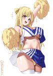  1girl :d alternate_costume blonde_hair blush breasts cheering cheerleader cleavage cowboy_shot crop_top crop_top_overhang cropped_legs double_bun ebifurya fletcher_(kancolle) hair_bun highres holding holding_pom_poms kantai_collection large_breasts long_hair looking_at_viewer midriff miniskirt navel one-hour_drawing_challenge open_mouth panties pleated_skirt pom_pom_(cheerleading) shirt simple_background skindentation skirt sleeveless sleeveless_shirt smile solo stomach striped striped_shirt thighhighs twitter_username underboob underwear white_background yellow_eyes yellow_panties 