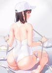  1girl ass back bangs bare_shoulders barefoot baseball_cap blush breasts hat highres large_breasts long_hair looking_at_viewer looking_back nanahime one-piece_swimsuit original purple_hair solo swimsuit thighs white_headwear white_one-piece_swimsuit 