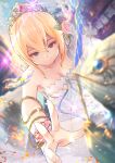  1girl bangs blonde_hair blue_eyes blurry blurry_foreground breasts cleavage commentary_request depth_of_field dress europa_(granblue_fantasy) flower granblue_fantasy hair_between_eyes hair_flower hair_ornament large_breasts looking_at_viewer pink_flower pink_rose red_pupils rose smile solo sparkle strapless tiara tomamatto white_dress 