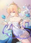  1girl bangs blonde_hair blue_cape blue_eyes blue_flower blue_rose breasts cape cleavage closed_mouth dress europa_(granblue_fantasy) flower granblue_fantasy hair_between_eyes hair_flower hair_ornament medium_breasts orange_flower orange_rose petals red_pupils rose short_hair simple_background solo strapless strapless_dress tiara tomamatto water_drop white_dress 
