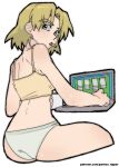  akagi_ritsuko blonde_hair blush camisole cigarette computer green_eyes laptop lipstick makeup mole mole_under_eye neon_genesis_evangelion panties pantsu-ripper smoking solitaire underwear underwear_only yellow_camisole 