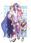  3boys ;p absurdres ahoge alternate_costume amemura_ramuda arisugawa_dice beads blue_cape blue_eyes braid cape choker closed_eyes colored_tips fling_posse floral_print green_eyes hair_ornament hakuuyori hand_on_another&#039;s_shoulder hand_on_another&#039;s_waist hand_on_hip highres hypnosis_mic looking_at_viewer multicolored_clothes multicolored_hair multiple_boys official_alternate_costume official_alternate_hairstyle one_eye_closed open_mouth pink_choker sandals shirt shoes short_hair_with_long_locks smile sneakers tongue tongue_out v white_footwear white_shirt yumeno_gentarou 