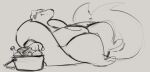  2022 belly big_belly black_and_white bottle bucket container digital_drawing_(artwork) digital_media_(artwork) eyes_closed floatzel generation_4_pokemon hand_on_object hi_res lying monochrome nintendo on_back pokemon pokemon_(species) raster_dreams simple_background smile solo tail thick_thighs 