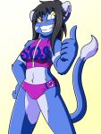  2020 anthro bikini black_hair blue_body blue_fur clothed clothing dipstick_ears dipstick_tail felid female fur gesture gradient_background grin hair hi_res lion mammal markings midriff mitsuko_kazama multicolored_ears navel pantherine pink_nose simple_background smile solo strays_of_siravia swimwear tail tail_markings tail_tuft thelordoflemonz thumbs_up tuft yellow_eyes 
