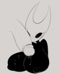  anthro areola arthropod big_breasts black_body blush blush_lines bodily_fluids breasts disembodied_penis dripping female genital_fluids genitals hollow_knight hornet_(hollow_knight) huge_breasts jinx_doodle male mask monochrome nipples penis precum precum_drip simple_background solo team_cherry 