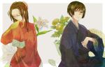  2boys axis_powers_hetalia bird china_(hetalia) chinese_clothes chrysanthemum flower hino_h japan_(hetalia) japanese_clothes kimono lily_(flower) multiple_boys 