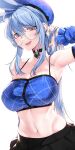  1girl akchu animal_ears armpits bangs bare_shoulders black_skirt blue_hair blue_headwear blue_tank_top breasts cleavage glasses highres large_breasts long_hair looking_at_viewer miniskirt mole mole_on_breast navel open_mouth orange_eyes original rabbit_ears round_eyewear sidelocks skirt solo spaghetti_strap stomach tank_top toned white_background 