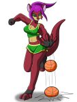  2020 anthro ball basketball_(ball) black_nose black_sclera bottomwear breasts cleavage clothed clothing female fingerless_gloves gloves green_eyes hair handwear hi_res jessica_denshire kangaroo macropod mammal marsupial midriff pouch_(anatomy) purple_hair shirt shorts simple_background solo strays_of_siravia tail tank_top thelordoflemonz topwear white_background 