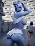  3d_(artwork) alien alien_humanoid areola asari big_breasts big_butt blue_body bottomwear bra breasts butt clothing digital_media_(artwork) duo female gym_clothing hi_res hotpants human humanoid liara_t&#039;soni mammal mass_effect midnightsfm nipples pseudo_hair rear_view shorts solo_focus sports_bra thick_thighs underwear wide_hips workout_clothing 