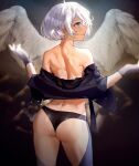 1girl ahoge angel_(kof) angel_wings ass back bare_shoulders black_gloves black_jacket black_panties blue_eyes chaps clip_studio_paint_(medium) commentary english_commentary from_behind gloves highres hymin jacket no_bra off_shoulder panties short_hair shoulder_blades solo the_king_of_fighters toned trefoil underwear white_hair wings 
