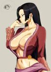  1girl absurdres black_hair boa_hancock breasts da_hoot earrings forehead highres jewelry long_hair navel one_piece stomach thought_bubble 