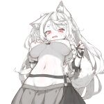  1girl absurdres animal_ears azur_lane braid breasts crop_top groin highres large_breasts long_hair monochrome navel no_bra open_mouth pink_eyes pink_nails side_braid simple_background skirt solo spot_color sweat tail underboob upper_body very_long_hair white_background white_hair wolf_ears wolf_girl wolf_tail yu_su_(moziki) yuudachi_(azur_lane) 