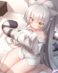  1girl animal_ears bed blush breasts cat_ears cat_girl chestnut_mouth cleavage coffee cup grey_hair haku_(p&amp;d) highres holding holding_cup large_breasts lilium0235 long_hair naked_shirt off_shoulder on_bed puzzle_&amp;_dragons shirt signature sitting sleeves_past_fingers sleeves_past_wrists solo steam tail thighs tiger_tail very_long_hair wariza white_shirt yellow_eyes 