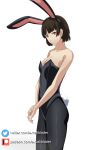  1girl alternate_costume animal_ears bangs bare_shoulders black_leotard black_pantyhose bow bowtie braid breasts brown_hair crown_braid english_commentary excaliblader fake_animal_ears fake_tail highres leotard looking_at_viewer medium_breasts niijima_makoto pantyhose patreon_username persona persona_5 playboy_bunny rabbit_ears rabbit_tail red_eyes short_hair smile solo strapless strapless_leotard tail twitter_username white_background 