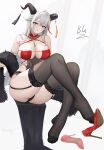  1girl :q absurdres aegir_(azur_lane) aegir_(golden_dragon_among_auspicious_clouds)_(azur_lane) azur_lane bad_id bad_pixiv_id baige0 bangs bare_shoulders black_garter_straps black_gloves black_panties black_thighhighs blush breasts chinese_commentary cleavage commentary_request earrings feather_boa gloves grey_hair high_heels highres horn_ornament horns jewelry large_breasts long_hair looking_at_viewer multicolored_hair official_alternate_costume panties red_footwear red_hair signature single_glove sitting smile solo streaked_hair thick_thighs thighhighs thighs tongue tongue_out underwear yellow_eyes 