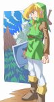  1boy absurdres belt blonde_hair blue_eyes blue_sky boots brown_footwear castle cloud day green_headwear green_tunic hat highres holding holding_shield link long_sleeves male_focus mountain outdoors pants pointy_ears pretty-purin720 shield sidelocks sky solo standing sword the_legend_of_zelda tree triforce weapon white_pants 