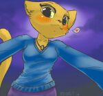  &lt;3 2016 anthro bethesda_softworks black_nose blue_clothing blush breasts clothed clothing embrace eyebrows felid female front_view furnut hug jewelry katia_managan khajiit looking_at_viewer mammal necklace prequel_adventure solo the_elder_scrolls webcomic yellow_body 