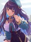  1girl bangs bare_shoulders beret black_hair black_skirt blue_hair blue_headwear blunt_bangs bracelet brown_eyes buttons colored_inner_hair commentary_request eyewear_removed fate/grand_order fate_(series) hat head_tilt highres huitzilopochtli_(fate) jewelry long_hair looking_at_viewer multicolored_hair off_shoulder saipaco skirt solo sunglasses two-tone_hair 