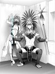  1boy 1girl braid facepaint fate/grand_order fate_(series) greyscale headdress high_collar highres holding holding_polearm holding_weapon holding_whip huitzilopochtli_(fate) meme monochrome pelvic_curtain photo-referenced polearm sandals skull spot_color squatting syatey tezcatlipoca_(fate) twin_braids v weapon 