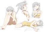  1girl arm_under_breasts arms_on_knees bangs bare_legs bare_shoulders barefoot camisole collarbone crossed_arms finger_to_own_chin grey_eyes grey_hair hair_ornament hair_ribbon hairclip highres ichisannyonn knees_up looking_at_viewer looking_away lying monogatari_(series) multiple_views oikura_sodachi owarimonogatari pajamas ribbon sitting sleeveless strap_slip thinking twintails yellow_camisole 