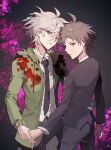  2boys absurdres ahoge bangs black_background black_jacket black_necktie black_pants blood collared_shirt danganronpa_(series) danganronpa_2:_goodbye_despair danganronpa_3_(anime) flowercz formal frown green_jacket grey_hair grey_shirt hand_on_another&#039;s_hip highres hinata_hajime holding_hands hood hood_down hooded_jacket jacket komaeda_nagito long_sleeves looking_at_viewer messy_hair multiple_boys necktie official_alternate_costume pants pink_background pink_blood shirt short_hair 