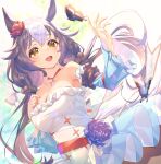  1girl :d absurdres animal_ears breasts brown_hair bug butterfly cleavage detached_sleeves dress highres horse_ears horse_girl index_finger_raised long_hair low_twintails medium_breasts multicolored_hair smile solo twintails two-tone_hair umamusume white_hair yamanin_zephyr_(umamusume) yellow_eyes yupiteru 