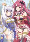  2girls arms_up bangs bare_shoulders bdsm blue_dress blush bondage boots bound breasts brown_eyes center_frills clenched_teeth detached_collar detached_sleeves dress fairy_knight_lancelot_(fate) fairy_knight_lancelot_(second_ascension)_(fate) fairy_knight_tristan_(fate) fate/grand_order fate_(series) forked_eyebrows frills grey_eyes highres large_breasts long_hair long_sleeves looking_at_viewer multiple_girls panties pink_hair pointy_ears red_dress red_footwear restrained rope shibari sidelocks small_breasts teeth thigh_boots thighhighs thighs tiara underwear white_hair white_thighhighs xiafuizui 
