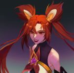  1girl bangs bare_shoulders black_shirt flowercz gradient_background jinx_(league_of_legends) league_of_legends long_hair official_alternate_costume red_eyes red_hair red_lips shirt slit_pupils solo star_(symbol) star_guardian_(league_of_legends) star_guardian_jinx teeth twintails upper_body 